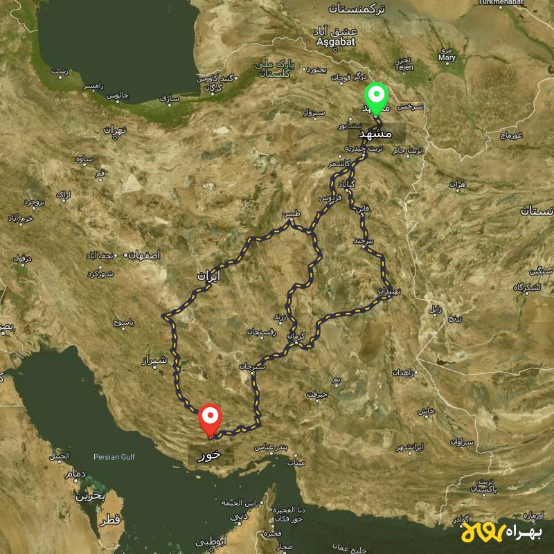 مسافت و فاصله خور - فارس تا مشهد از ۳ مسیر - اردیبهشت ۱۴۰۳