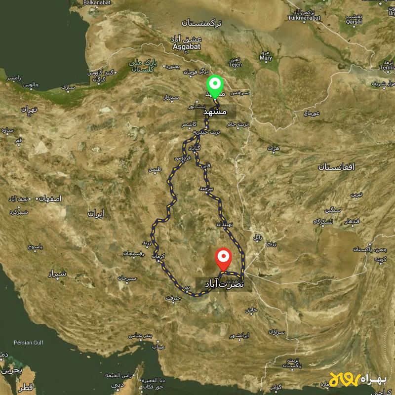 مسافت و فاصله نصرت‌آباد - سیستان و بلوچستان تا مشهد از ۲ مسیر - آذر ۱۴۰۳