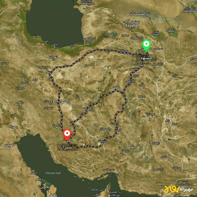 مسافت و فاصله شیراز تا مشهد از 3 مسیر - مسیریاب بهراه