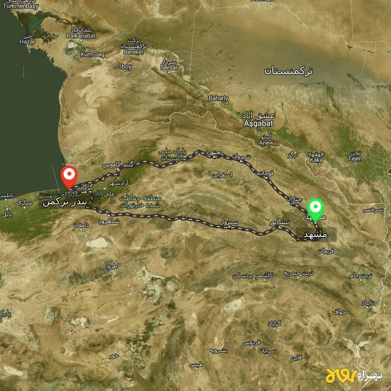 مسافت و فاصله بندر ترکمن - گلستان تا مشهد از 2 مسیر - مسیریاب بهراه