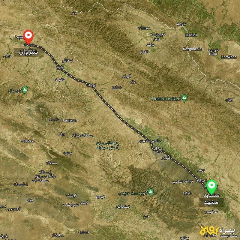 مسافت و فاصله شیروان - خراسان شمالی تا مشهد - مسیریاب بهراه