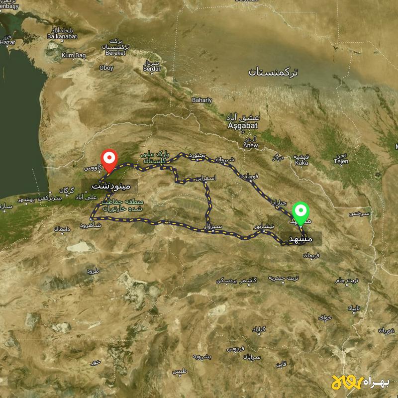 مسافت و فاصله مینودشت - گلستان تا مشهد از 3 مسیر - مسیریاب بهراه