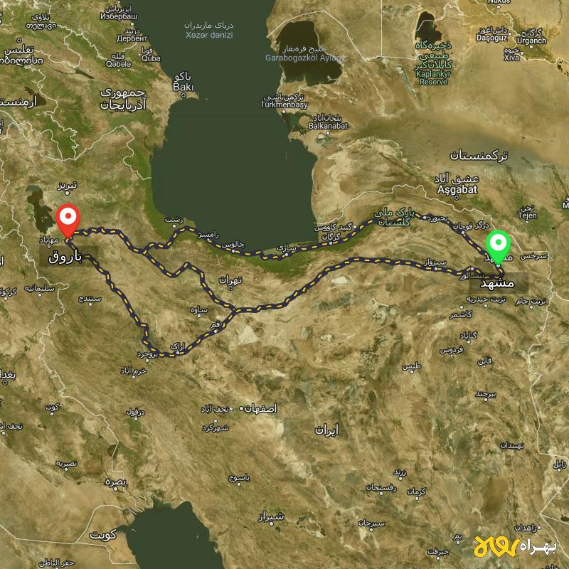 مسافت و فاصله باروق - آذربایجان غربی تا مشهد از ۳ مسیر - آذر ۱۴۰۳