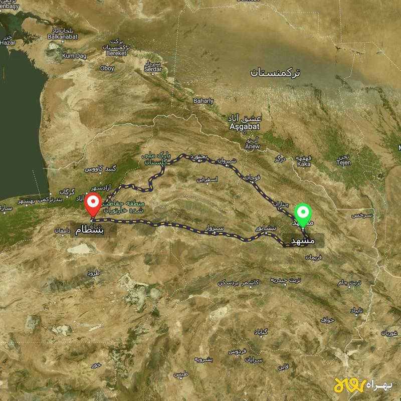 مسافت و فاصله بسطام - سمنان تا مشهد از ۲ مسیر - اردیبهشت ۱۴۰۳