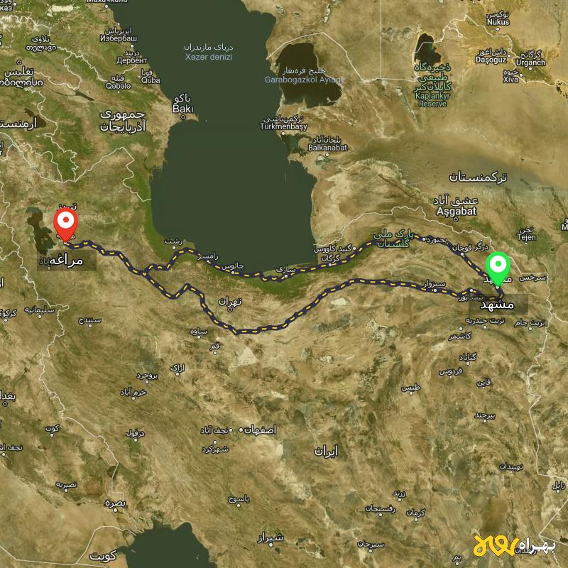 مسافت و فاصله مراغه - آذربایجان شرقی تا مشهد از ۲ مسیر - اردیبهشت ۱۴۰۳