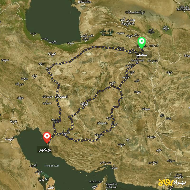 مسافت و فاصله بوشهر تا مشهد از ۳ مسیر - مرداد ۱۴۰۳