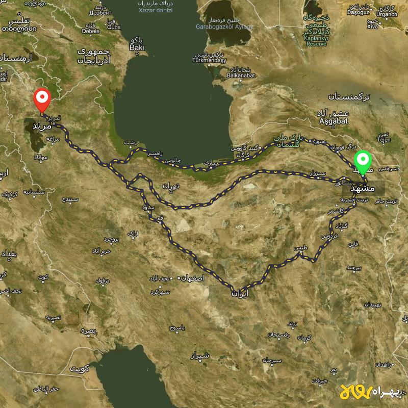 مسافت و فاصله مرند - آذربایجان شرقی تا مشهد از ۳ مسیر - اردیبهشت ۱۴۰۳