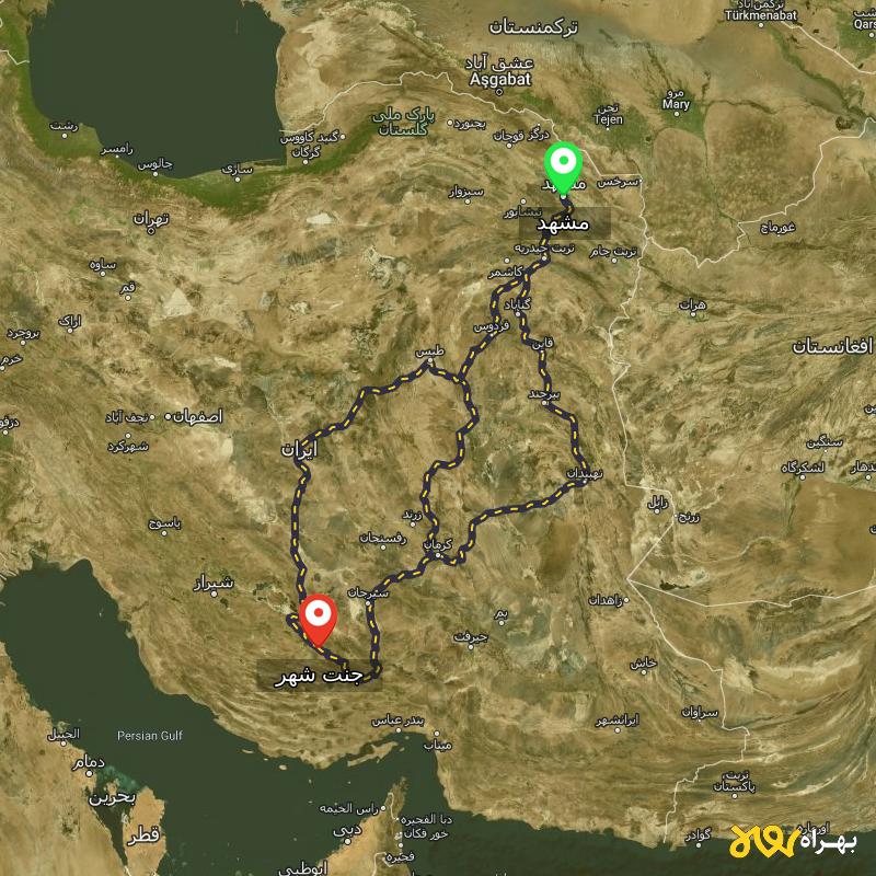 مسافت و فاصله جنت شهر - فارس تا مشهد از ۳ مسیر - دی ۱۴۰۳