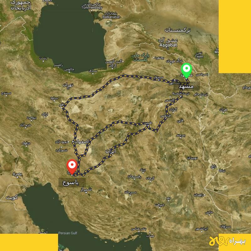 مسافت و فاصله یاسوج تا مشهد از ۳ مسیر - مرداد ۱۴۰۳