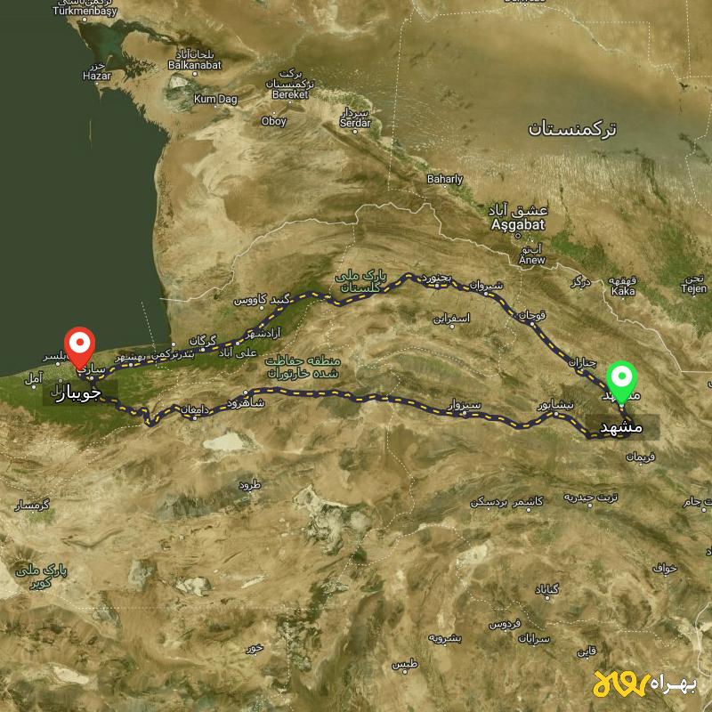 مسافت و فاصله جویبار - مازندران تا مشهد از ۲ مسیر - اردیبهشت ۱۴۰۳