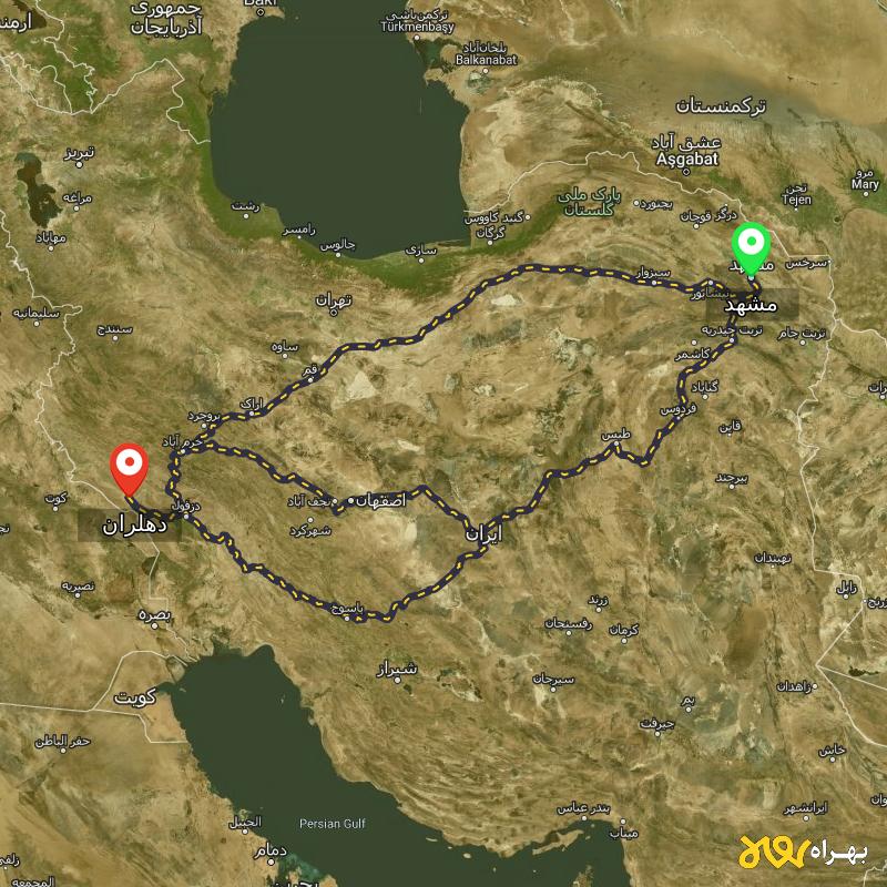 مسافت و فاصله دهلران - ایلام تا مشهد از ۳ مسیر - آذر ۱۴۰۳