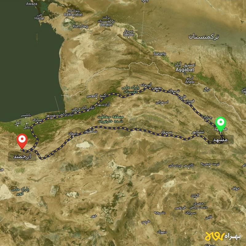 مسافت و فاصله ارجمند - تهران تا مشهد از ۲ مسیر - مرداد ۱۴۰۳