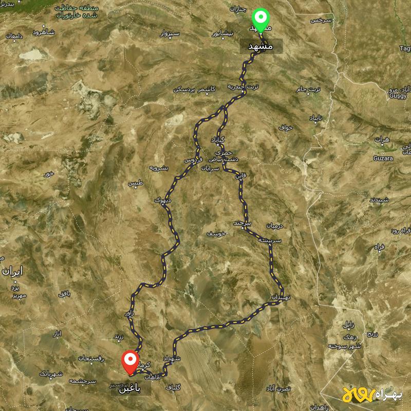 مسافت و فاصله باغین - کرمان تا مشهد از ۲ مسیر - آذر ۱۴۰۳