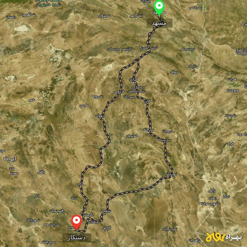 مسافت و فاصله دشتکار - کرمان تا مشهد از ۲ مسیر - شهریور ۱۴۰۳