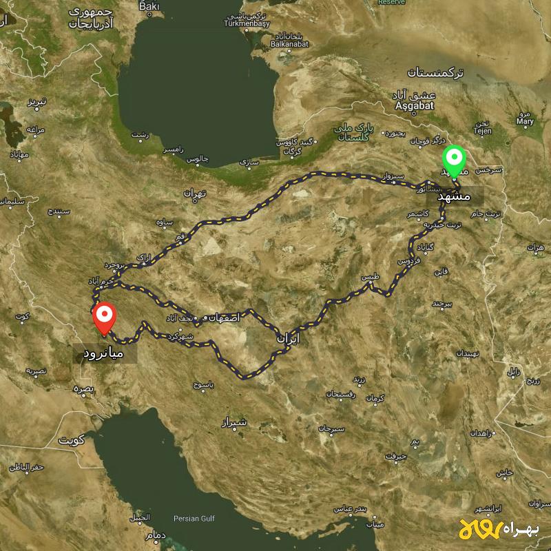 مسافت و فاصله میانرود - خوزستان تا مشهد از ۳ مسیر - شهریور ۱۴۰۳