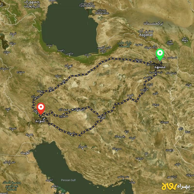 مسافت و فاصله گتوند - خوزستان تا مشهد از ۳ مسیر - مهر ۱۴۰۳