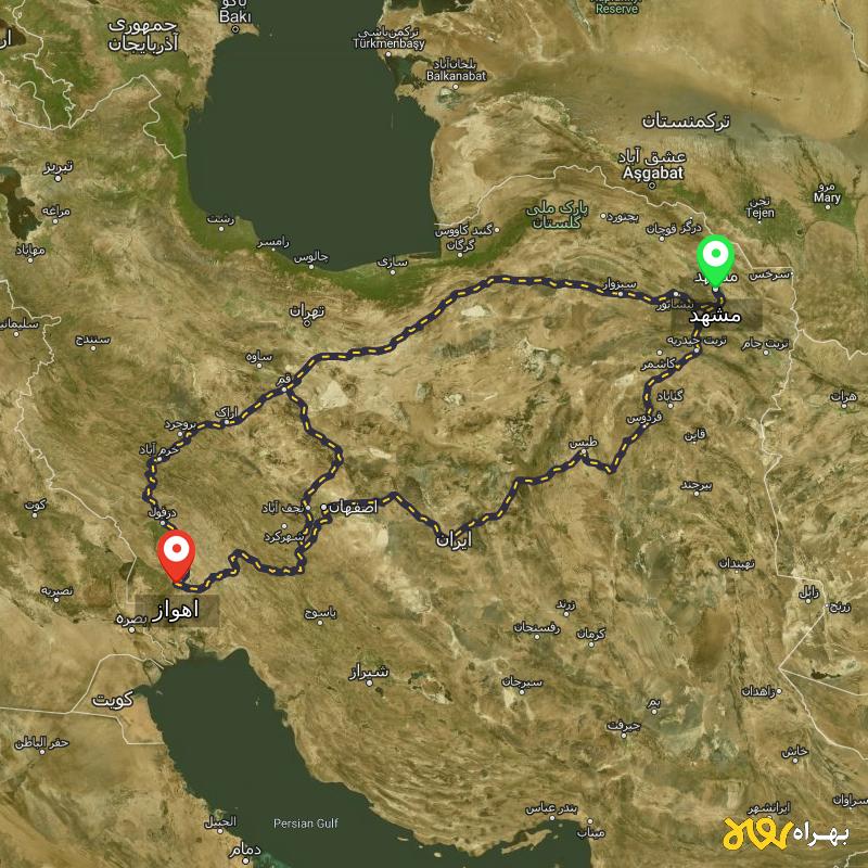 مسافت و فاصله اهواز تا مشهد از ۳ مسیر - اردیبهشت ۱۴۰۳