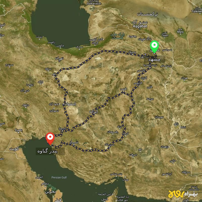 مسافت و فاصله بندر گناوه - بوشهر تا مشهد از ۳ مسیر - اردیبهشت ۱۴۰۳