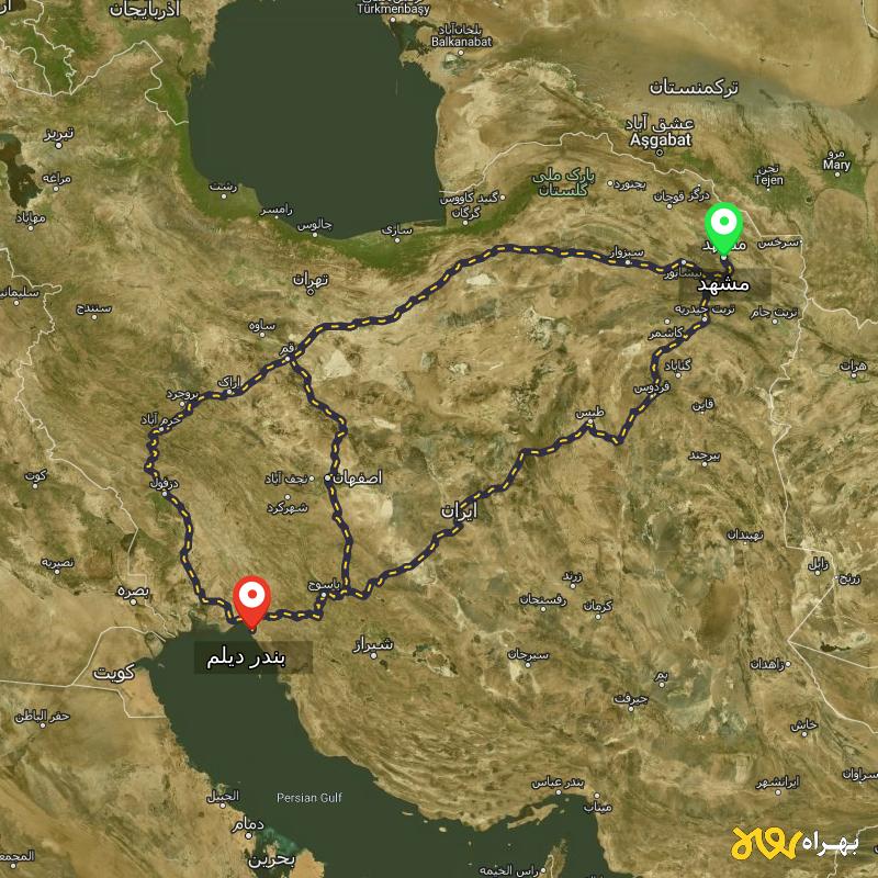 مسافت و فاصله بندر دیلم - بوشهر تا مشهد از 3 مسیر - مسیریاب بهراه