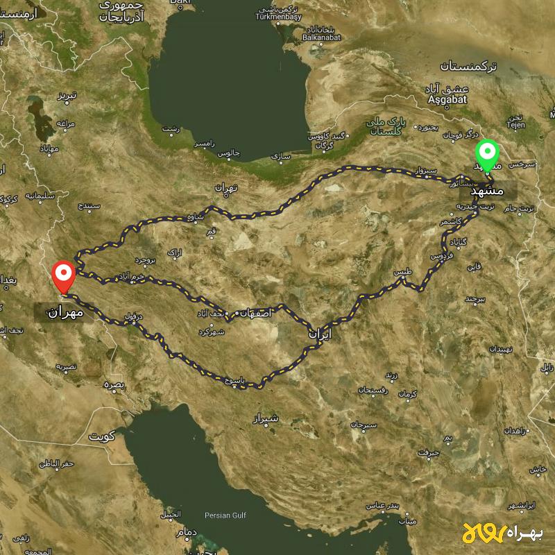 مسافت و فاصله مهران - ایلام تا مشهد از 3 مسیر - مسیریاب بهراه