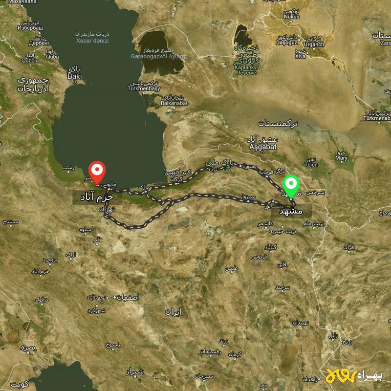 مسافت و فاصله خرم آباد - مازندران تا مشهد از ۳ مسیر - مرداد ۱۴۰۳