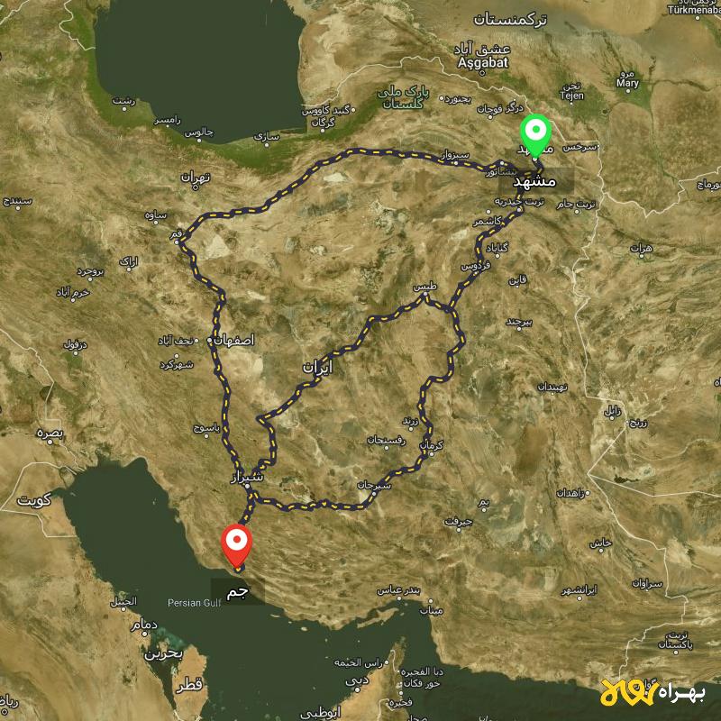 مسافت و فاصله جم - بوشهر تا مشهد از ۳ مسیر - اردیبهشت ۱۴۰۳
