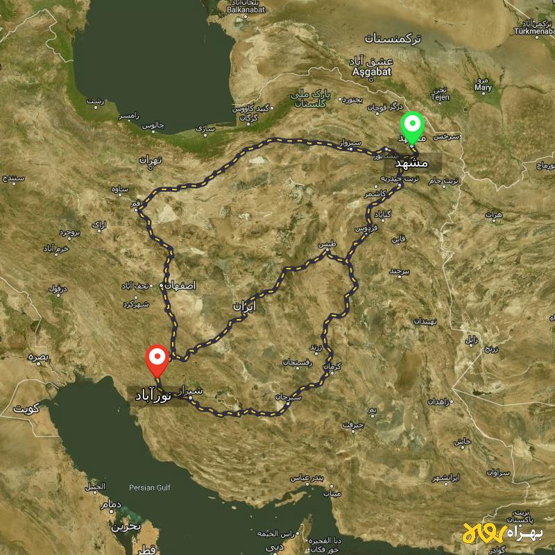 مسافت و فاصله نورآباد - نورآباد ممسنی تا مشهد از ۳ مسیر - مرداد ۱۴۰۳
