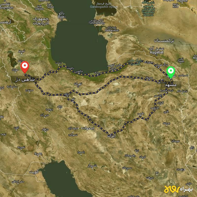 مسافت و فاصله شاهین دژ - آذربایجان غربی تا مشهد از ۳ مسیر - دی ۱۴۰۳