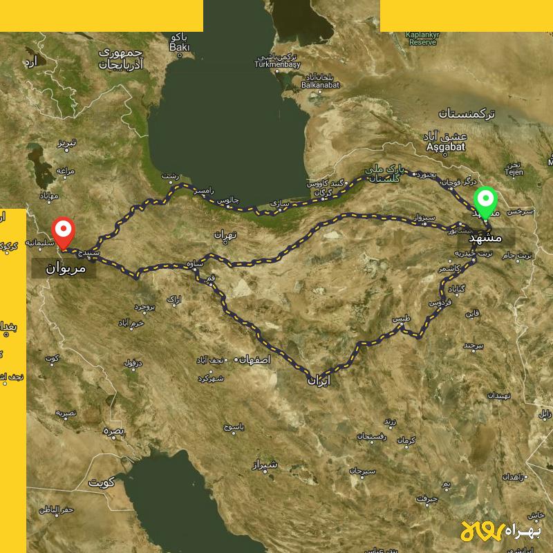 مسافت و فاصله مریوان - کردستان تا مشهد از 3 مسیر - مسیریاب بهراه