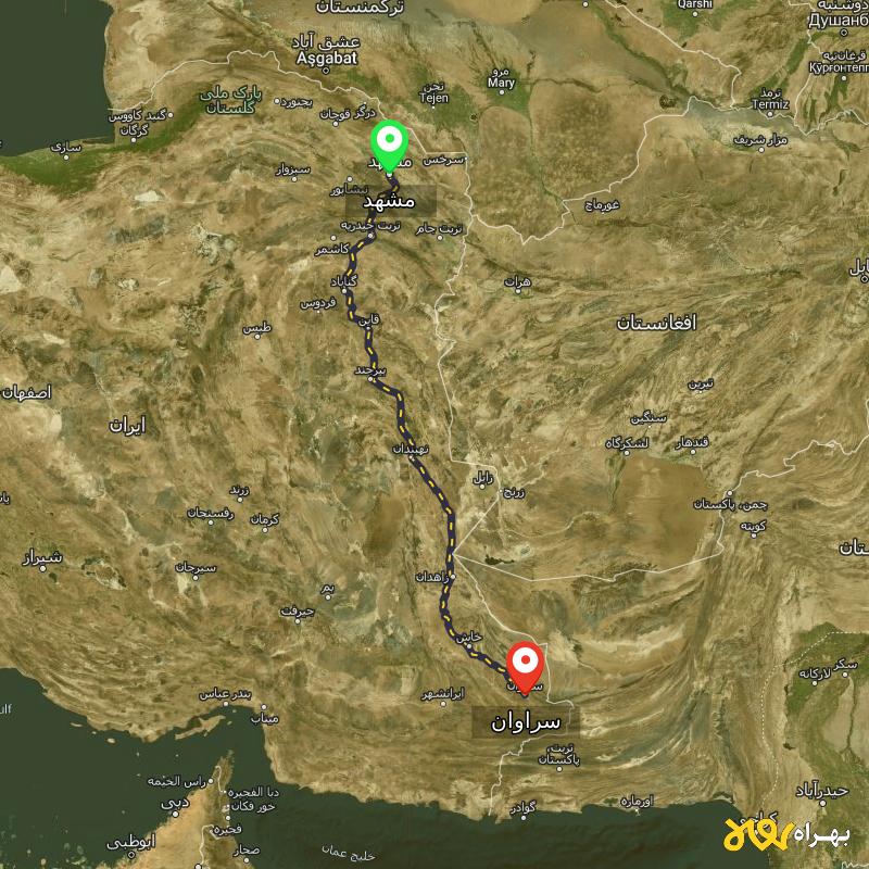 مسافت و فاصله سراوان - سیستان و بلوچستان تا مشهد - مسیریاب بهراه