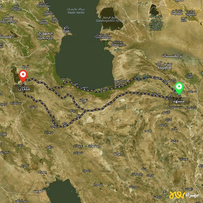 مسافت و فاصله ملکان - آذربایجان شرقی تا مشهد از 3 مسیر - مسیریاب بهراه