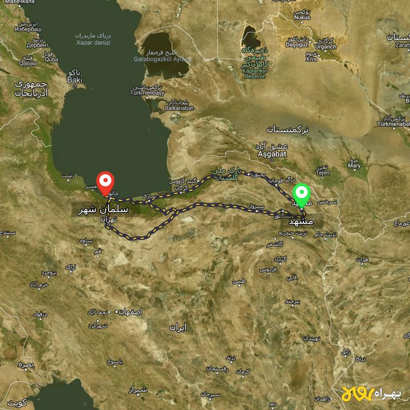 مسافت و فاصله سلمان شهر - مازندران تا مشهد از 3 مسیر - مسیریاب بهراه