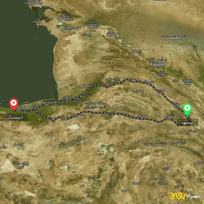مسافت و فاصله چمستان - مازندران تا مشهد از 2 مسیر - مسیریاب بهراه