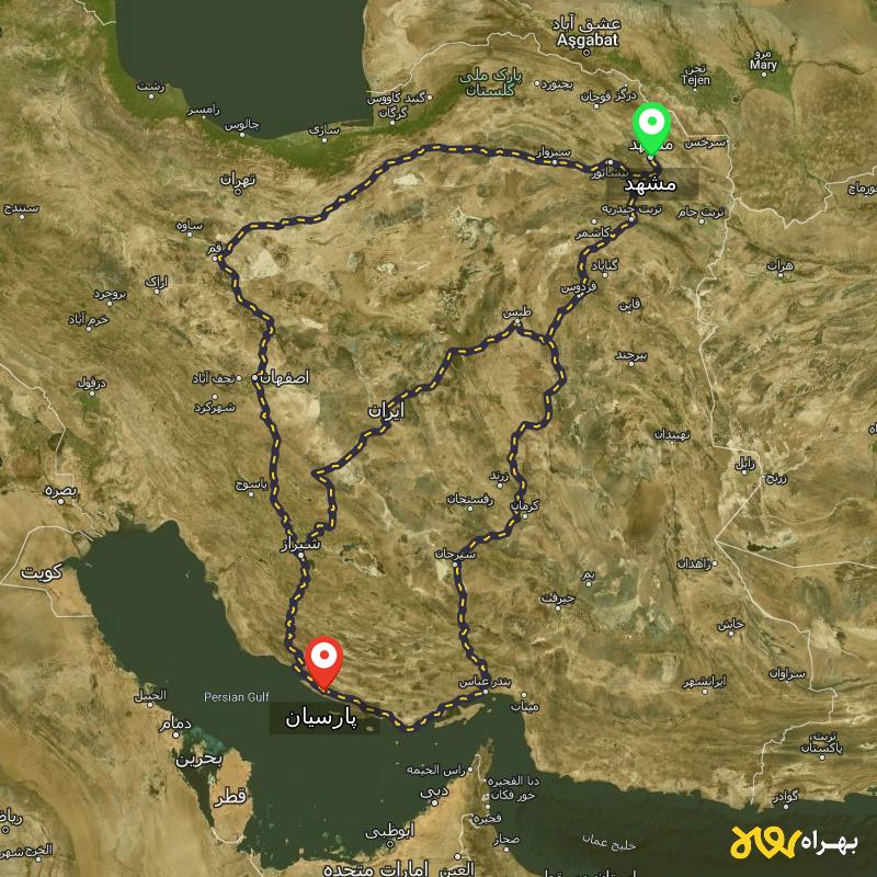 مسافت و فاصله پارسیان - هرمزگان تا مشهد از ۳ مسیر - آبان ۱۴۰۳