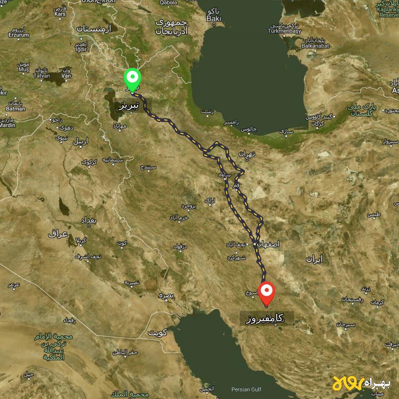 مسافت و فاصله کامفیروز - فارس تا تبریز از ۲ مسیر - شهریور ۱۴۰۳