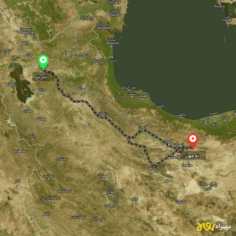 مسافت و فاصله بومهن - تهران تا تبریز از ۲ مسیر - مهر ۱۴۰۳