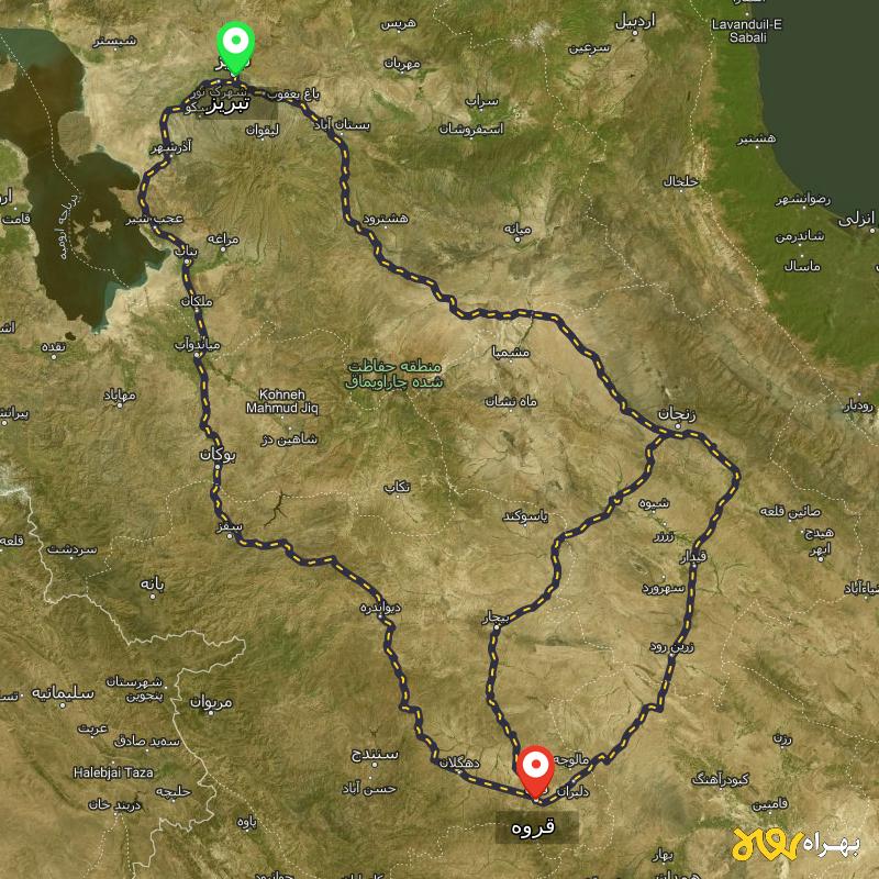 مسافت و فاصله قروه - کردستان تا تبریز از ۳ مسیر - اردیبهشت ۱۴۰۳