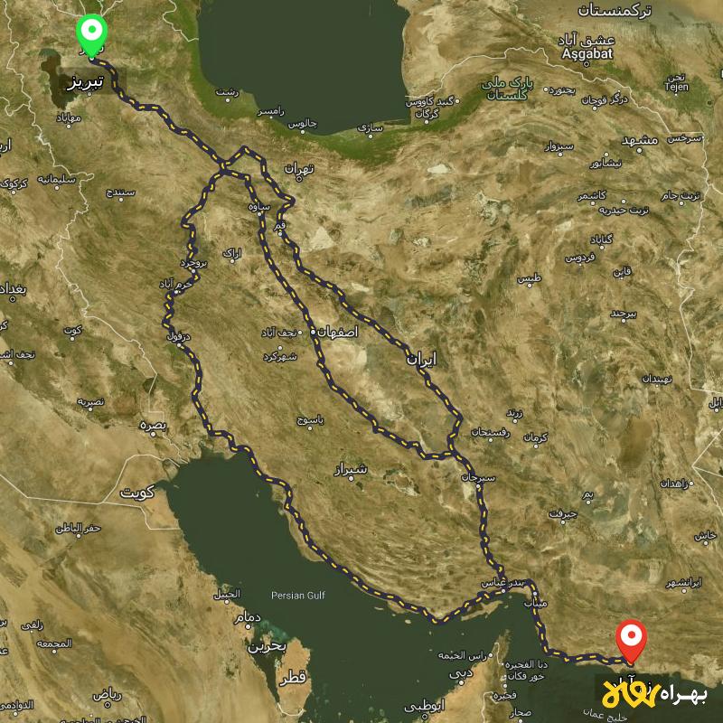 مسافت و فاصله زرآباد - سیستان و بلوچستان تا تبریز از ۳ مسیر - بهمن ۱۴۰۳