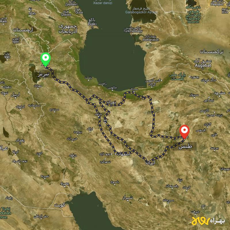 مسافت و فاصله طبس - خراسان جنوبی تا تبریز از ۳ مسیر - آذر ۱۴۰۳