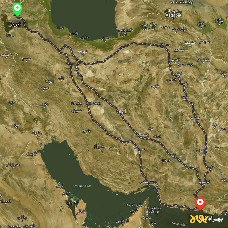 مسافت و فاصله کنارک - سیستان و بلوچستان تا تبریز از ۳ مسیر - مرداد ۱۴۰۳
