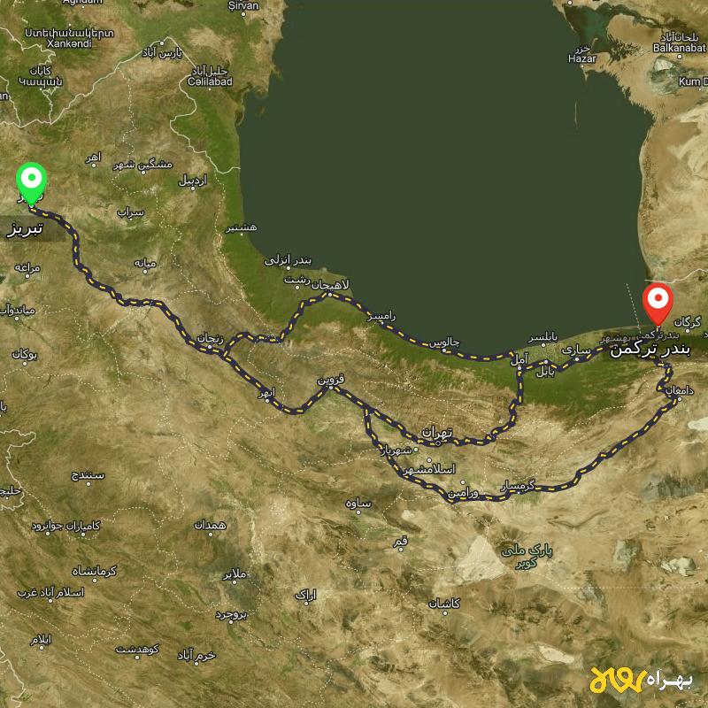 مسافت و فاصله بندر ترکمن - گلستان تا تبریز از 3 مسیر - مسیریاب بهراه