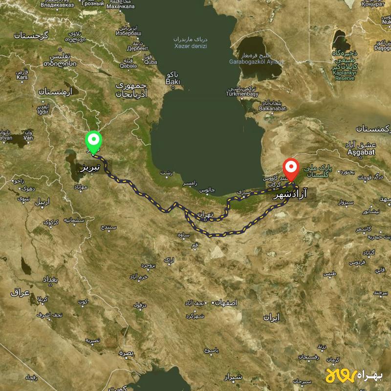 مسافت و فاصله آزادشهر - گلستان تا تبریز از ۲ مسیر - دی ۱۴۰۳