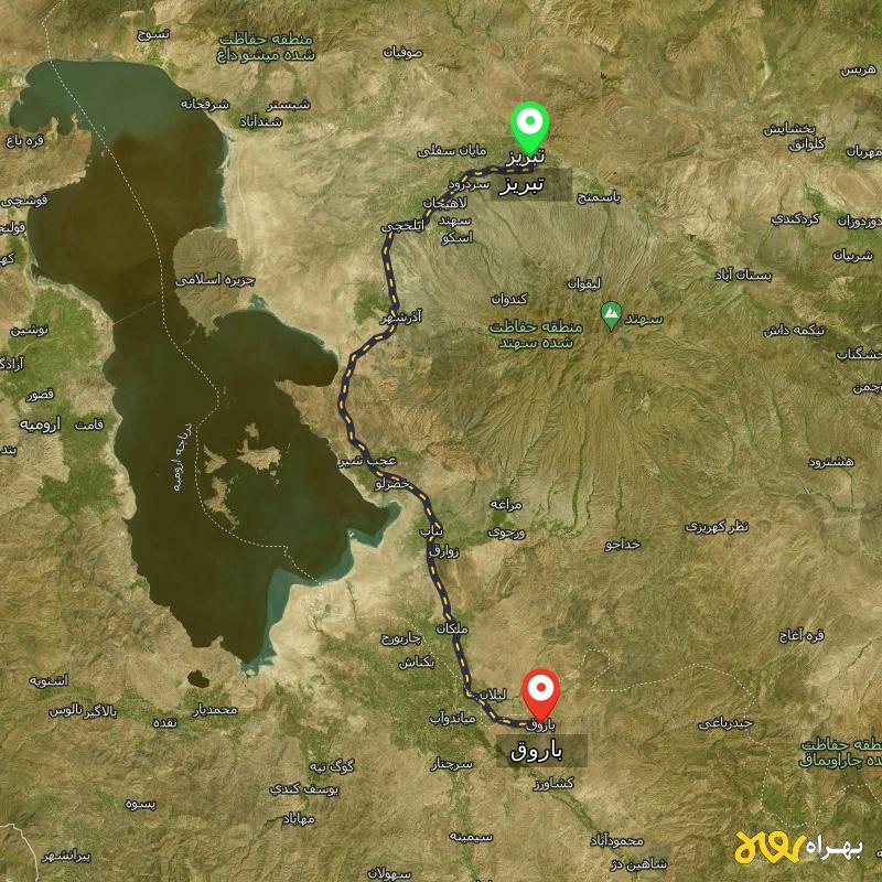 مسافت و فاصله باروق - آذربایجان غربی تا تبریز - آذر ۱۴۰۳
