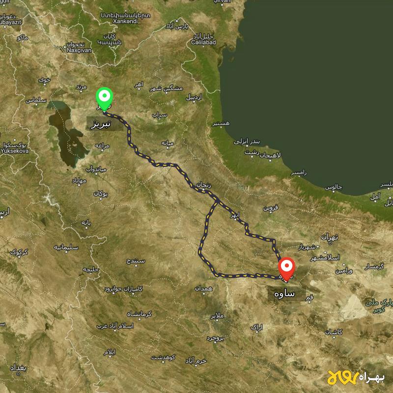 مسافت و فاصله ساوه تا تبریز از ۲ مسیر - مهر ۱۴۰۳