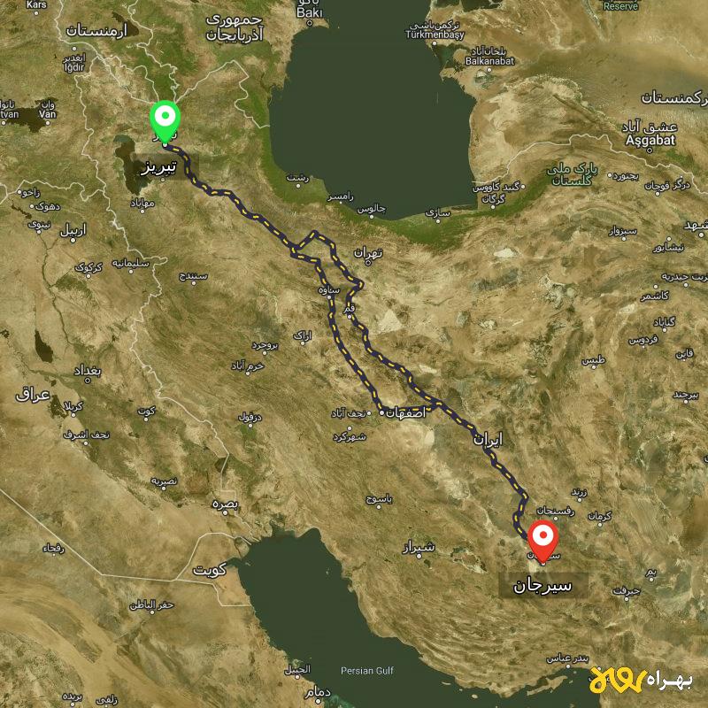 مسافت و فاصله سیرجان تا تبریز از ۲ مسیر - آذر ۱۴۰۳
