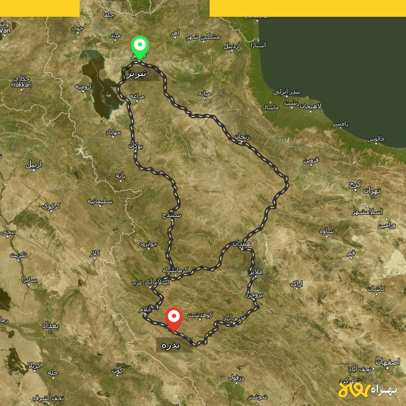 مسافت و فاصله بدره - ایلام تا تبریز از ۳ مسیر - مهر ۱۴۰۳