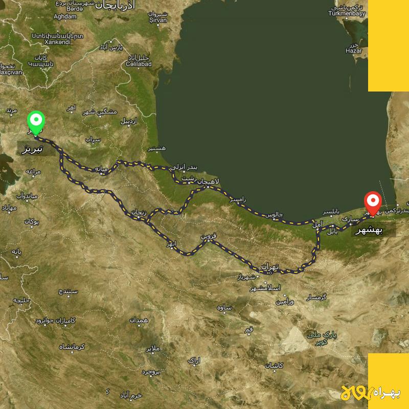 مسافت و فاصله بهشهر - مازندران تا تبریز از ۳ مسیر - آذر ۱۴۰۳