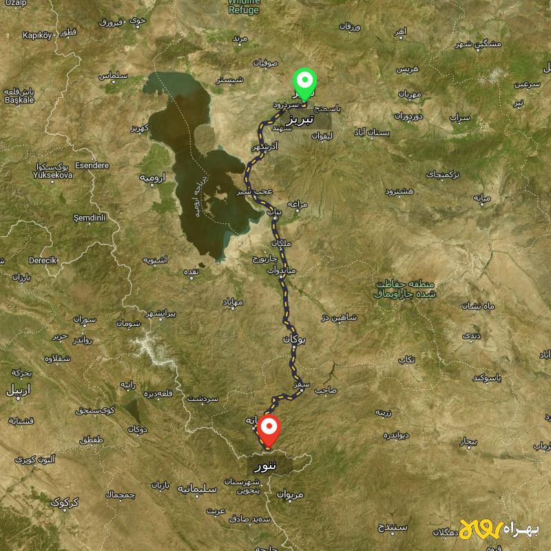 مسافت و فاصله ننور - کردستان تا تبریز - شهریور ۱۴۰۳