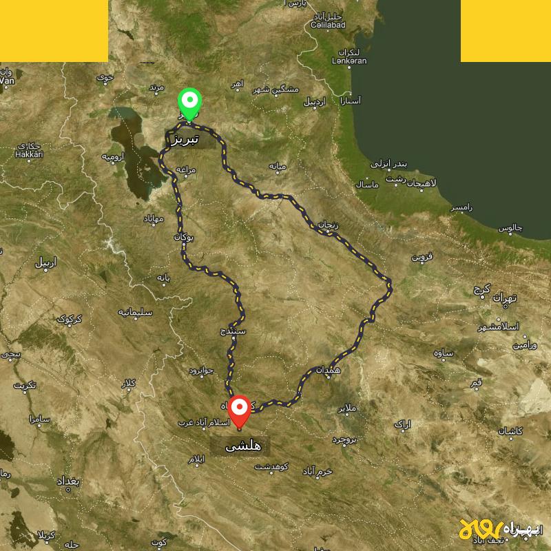 مسافت و فاصله هلشی - کرمانشاه تا تبریز از ۲ مسیر - دی ۱۴۰۳