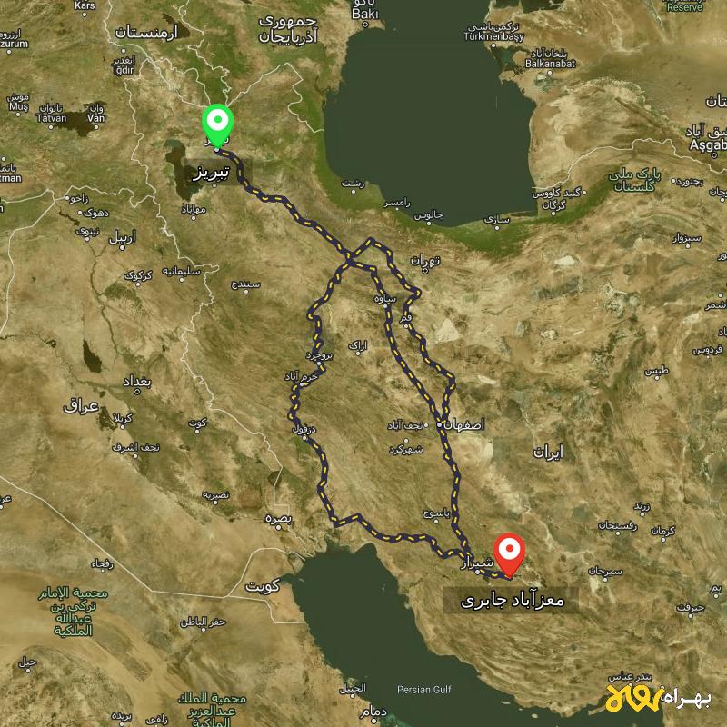 مسافت و فاصله معزآباد جابری - فارس تا تبریز از ۳ مسیر - شهریور ۱۴۰۳